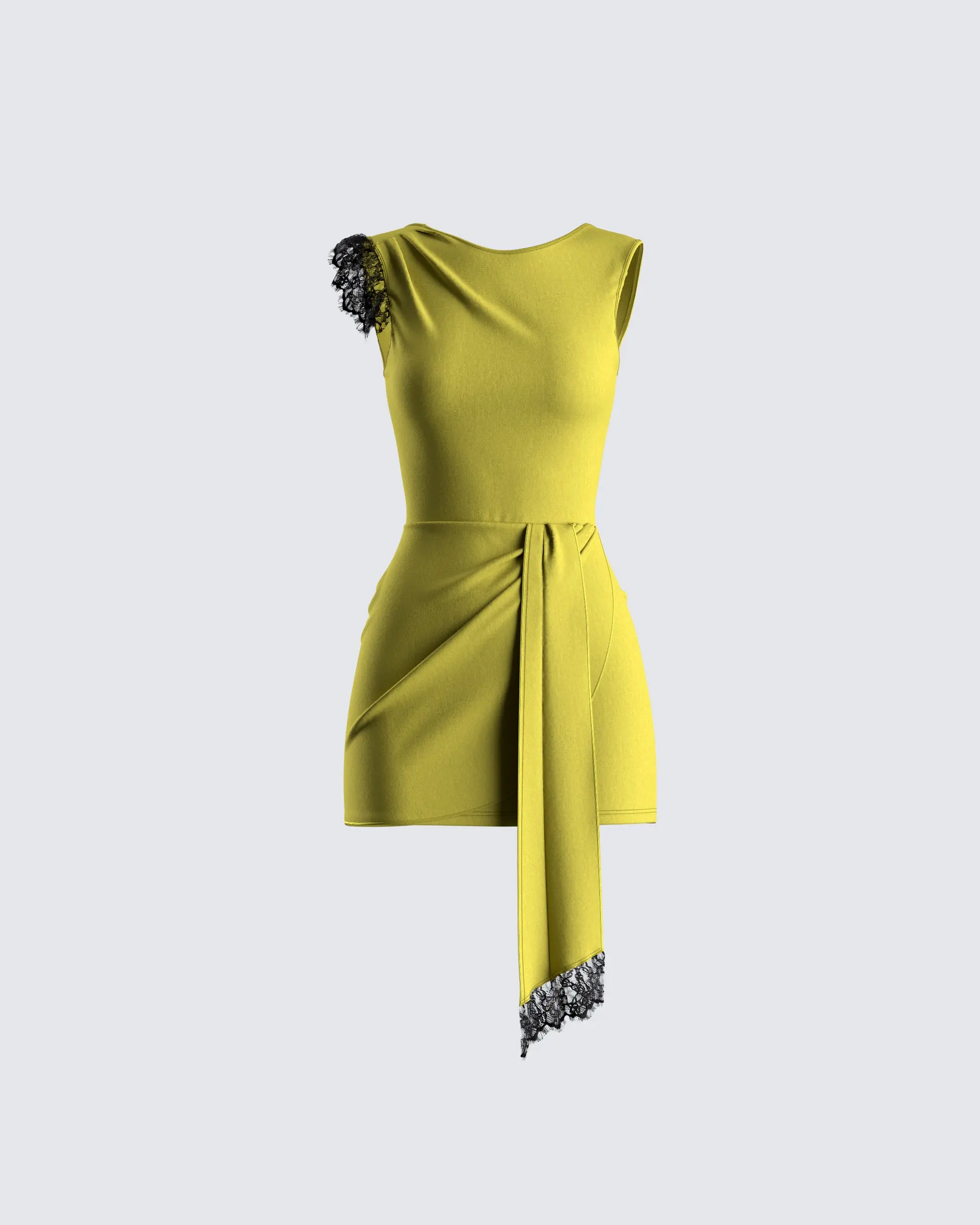 Women's Chartreuse Green Party Dress, Fitted Mini Style with Asymmetric Black Lace Shoulder and Polyester Spandex Side Tie Waist, Sleeveless, Waist Wrap, Asymmetrical, Going Out, Spandex Poly, Black Lace Details, Solid, Wrap-Tie Waist