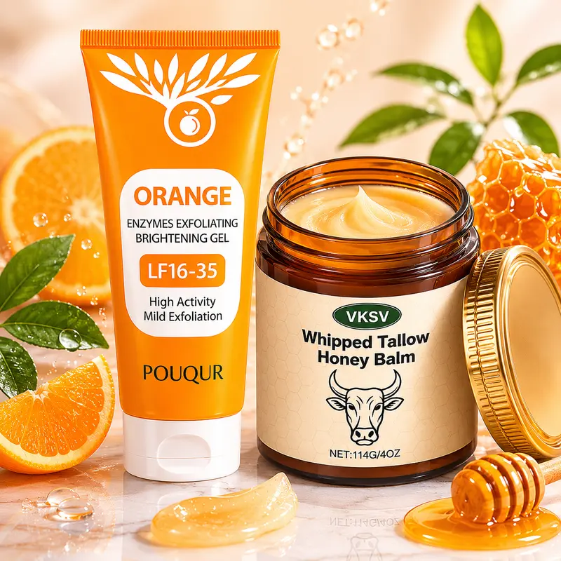 POUQUR 1 Gel+1 Balm Skincare Set - Orange Exfoliating Gel & Orange Grass-Fed Beef Tallow Honey Balm, Gentle, Hydrating Unisex Products for Deep Cleansing, Brightening, Smooth Skin (Face & Body Care, Valentine’s Glow Upgrade)