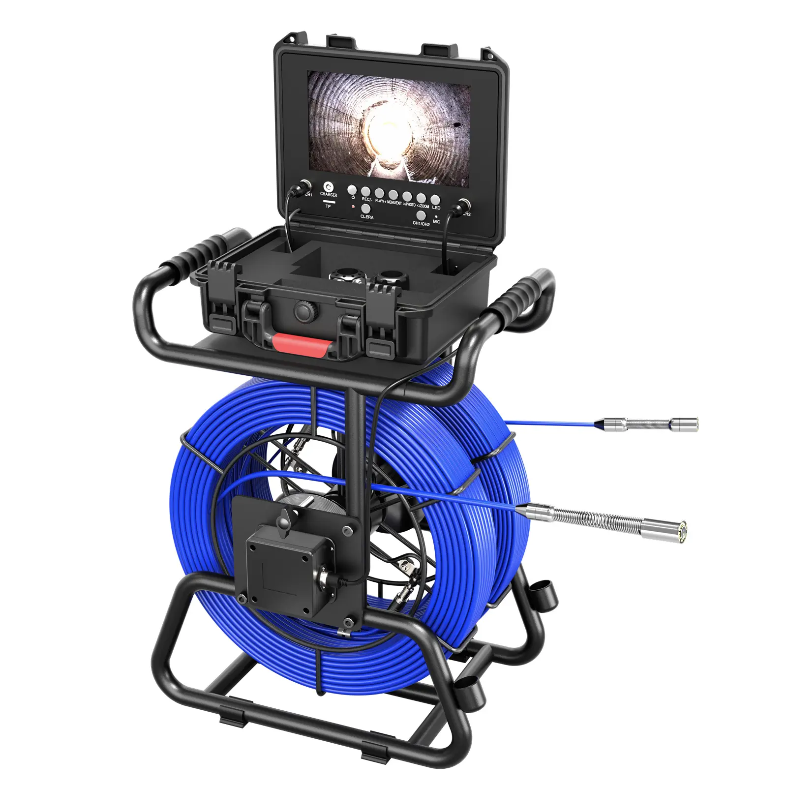 Sewer Camera Self Leveling with 512Hz Sonde – 9″ IPS 1080P Dual-Lens Drain Inspection Camera with 5mm/7mm 165ft(50m) Fiberglass Cables, 23mm & 17mm Pipe Camera Probes, 5X Zoom, 4500mAh Pipe Camera