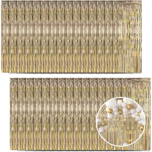 30 Pack Champagne  Foil Fringe Curtain Backdrop, 3.3x8.2  Metallic Tinsel Streamer Curtains Photo Booth Props for Engagement/Wedding/Bridal Shower/ Year/Valentine's Day Party Decorations