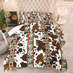 Western Cowhide & Aztec Print Comforter Set - Durable Material Comfy Bed Sets, 1 Quilt + 1/2 Pillowcases, Rustic Southwestern Bedding for Country & Boho Lovers, Ideal for Bedrooms, Dorms & Guest Rooms