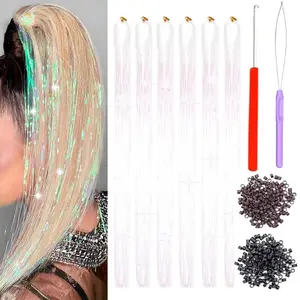 Fairy Hair Tinsel Kit with Tools 48 Inch 6 count 1200 Strands White Glitter Tinsel Hair Extensions Sparkling Shiny Hair Tinsel for Women Girls (48 Inch,White)