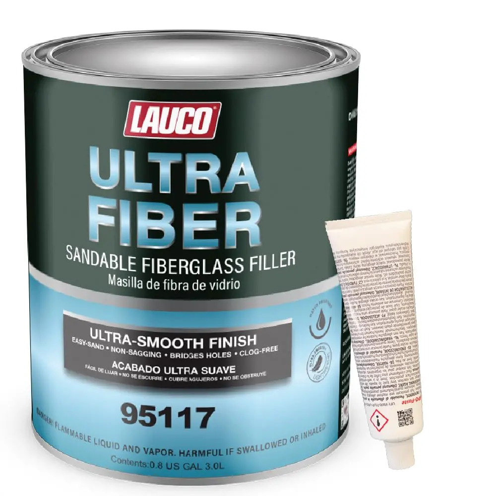 LAUCO Ultra Fiber Sandable Fiberglass Filler, Bridges Holes, Water Resistant, Lightweight, for Fiberglass, Steel, Plastics, Base Color of Yellow-Green, 3 Liters