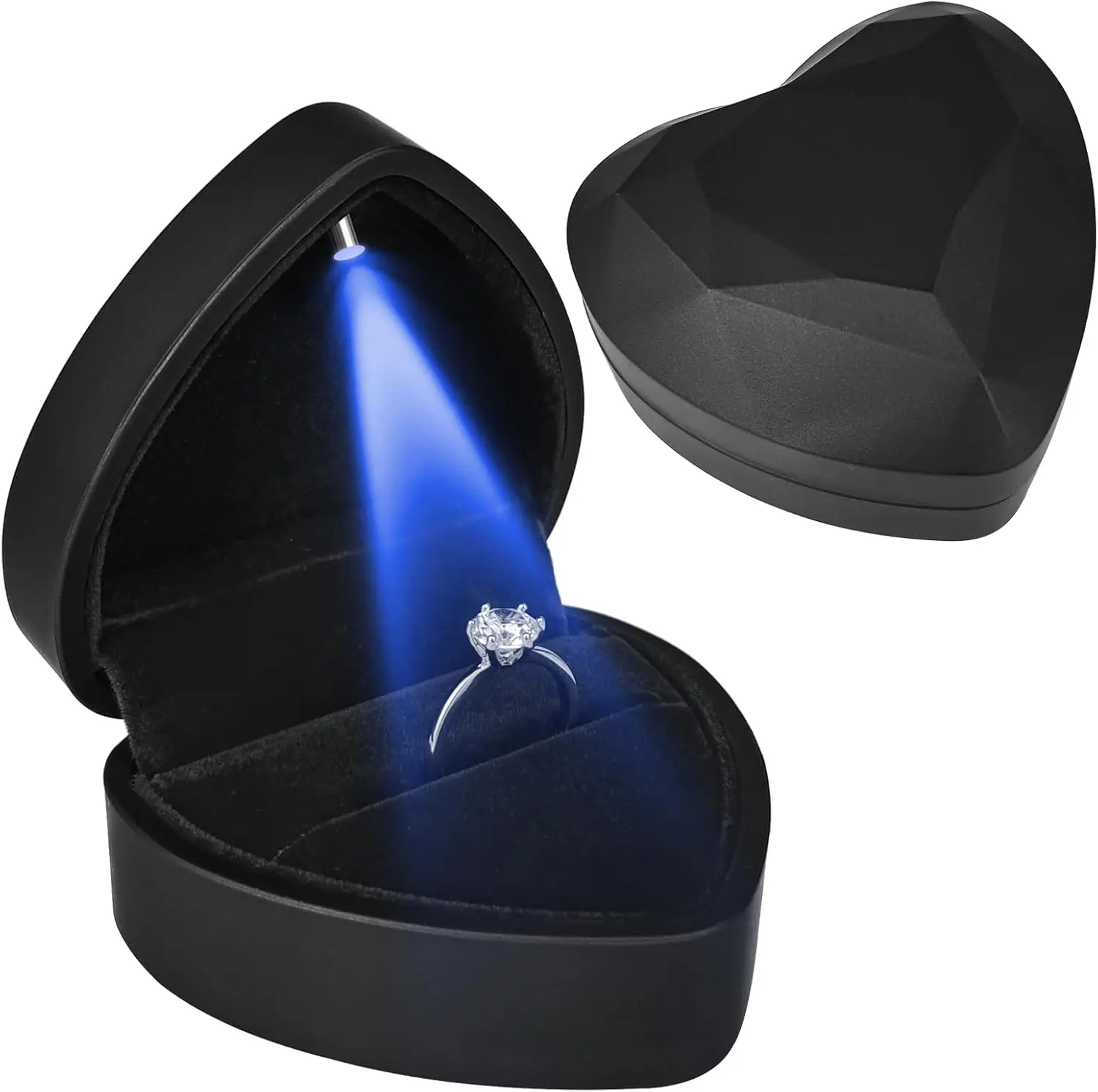 Heart Ring Box with LED Light, Luxury LED Lighted Engagement Ring Box,  Earrings  Case with Light,  Display Box for Wedding, Engagement, Proposal, Birthday and Anniversary-Black