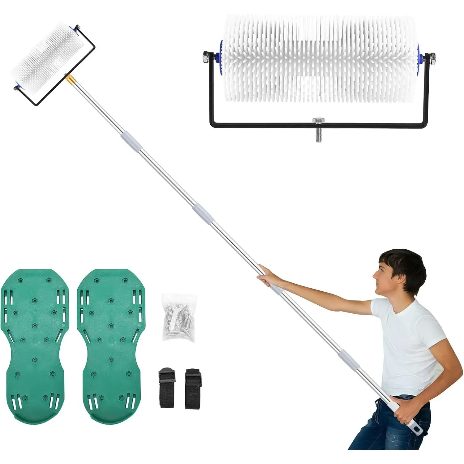 Spiked Roller for Self-Leveling Cement, 9inch Heavy-Duty Spiked Roller with 34-77inch Adjustable Extension Rod - Complete Concrete Tool Kit with Spiked Shoes, Suitable for Epoxy Flooring and Cement Leveling
