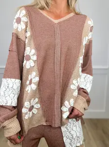 Women's Mocha Avery Mae Knitwear Top - Waffle Knit, Long Sleeve, Flower Accents, Spandex-Blend Fabric, Lace Details
