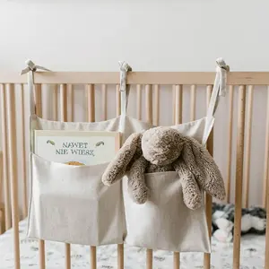 P-SBB033    Linen Baby Bedside Hanging Storage Bag,2 Pockets Organizer for Baby Cribs and Toys (Burlywood) Adjustable Decoration