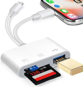 SD Card Reader for  iPad,  Memory Card Reader Built-in Dual Port Connector Card Adapter with SD/MicroSD/USB-A 3 Slots, No App Required, Plug and Play