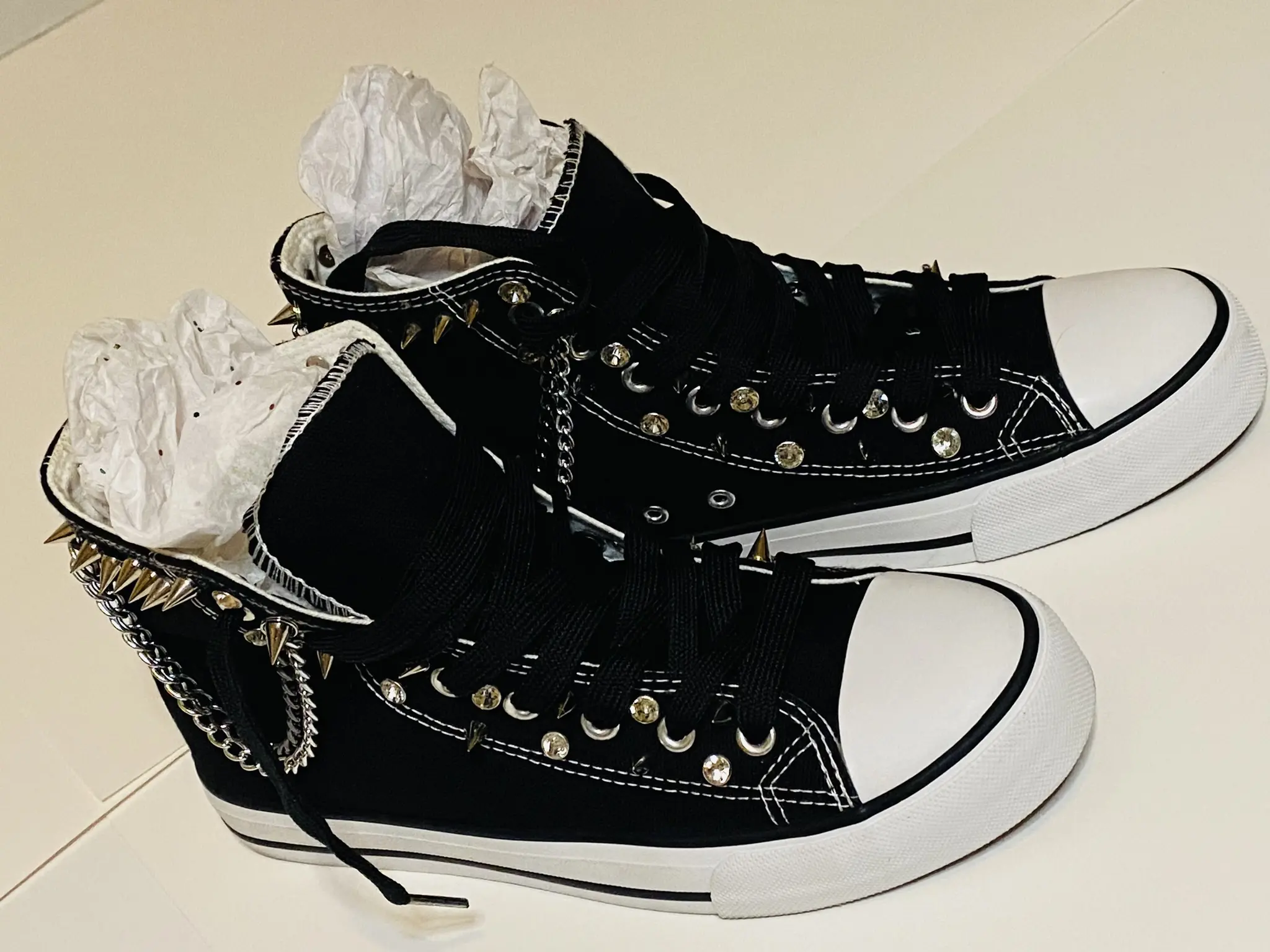 Studded with Spikes and Rhinestones canvas sneaker Round Toe Summer Winter No Heel