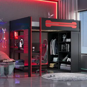 Full Size Loft Bed with Gaming Desk, Storage Drawers & Hutch, Expanded Safety Power Outlet, Metal Loft Bed Frame with RGB Lights, Space Saving for Teens,Red