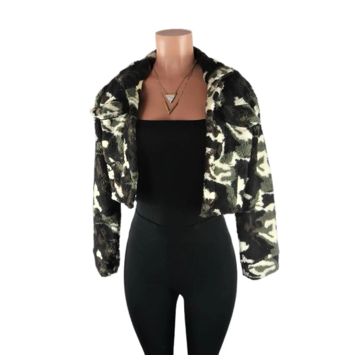 Women's Camo Teddy Crop Jacket - Casual Camouflage Style Womenswear Coats Breathable Button