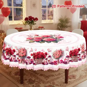 1pc, Spring Summer Themed Party Tablecloth, Valentine's Day Mother's Day Butterfly Love Heart Rose Flora Printed Design, Rectangular/Round/Oval Table Cloth, Embossed Edges, Suitable For Picnic Dinner Kitchen Dining Room Decoration