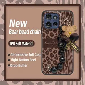 Back Cover Bear bracelet Phone Case For MOTO G 5G 2025 Black pearl pendant Dirt-resistant cute Anti-knock soft case protective case silicone Waterproof Skin-friendly feel Cartoon