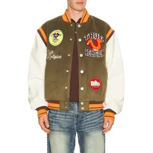 True Religion Garden Logo Retro Varsity Jacket in Capers Green & Winter White