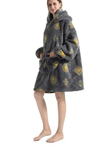 Cute Elegant Panda Print Pajamas for Adults, Long Sleeve Loose-Fitting Sleepwear, with Large Pocket, Fall & Winter Loungewear