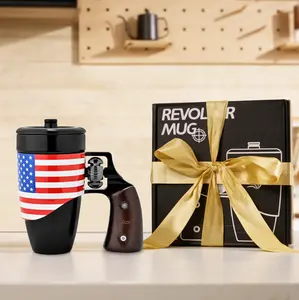 Pukomc Quirky Revolver Coffee Mug – Great Gag Gift & Conversation Starter Ceramic Drinkware Washable Reusable Cup Black Tumbler Reuse