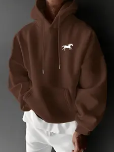 Men's Casual Street Style Long Sleeve Hooded Sweatshirt, Fashion Trendy Horse Pattern Design, Fitted Style for Fall & Winter, Comfortable Daily Wear