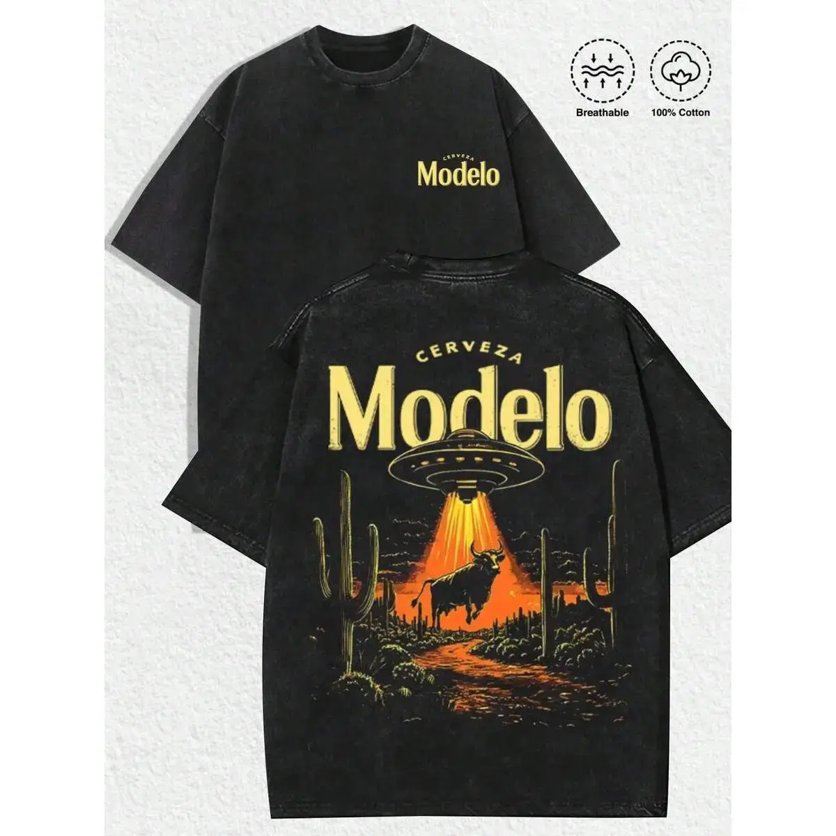 Unisex Retro Vintage Graphic T-Shirt - Round Neck, Short-Sleeve, Loose-Fit Washed Effect Retro Street Tee with American Aesthetic UFO Desert Scene, Bull Print, Distressed Casual Menswear Tops, Stylish, Vintage Pulp Style
