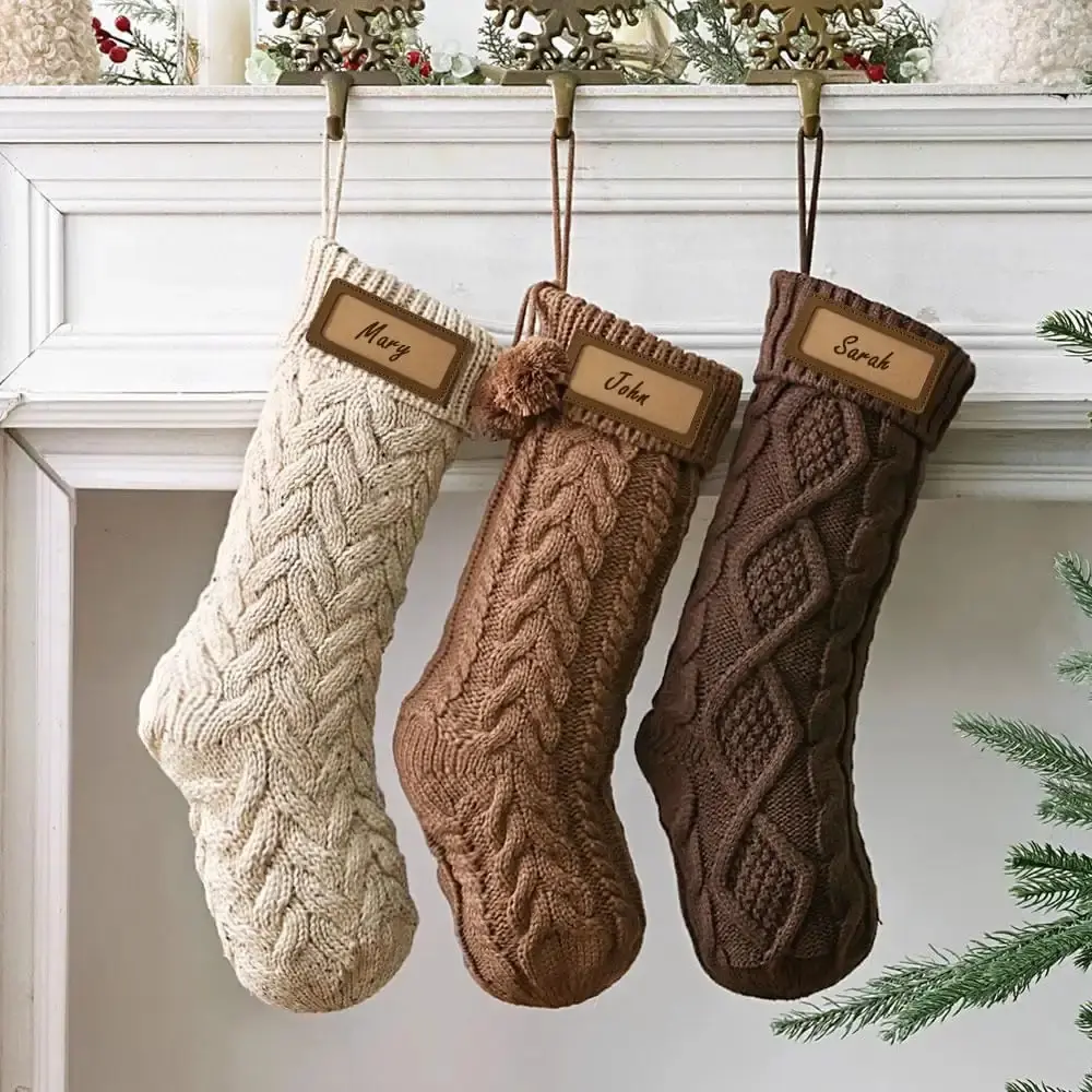 Farmhouse Knitted Christmas Stockings: 3 Pack 18 Inch Neutral Cable Knit Fireplace Stockings, Cozy Hanging Xmas Stockings Rustic Stocking Decorations for Family Holiday Décor, Earth Tones