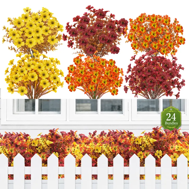 Der Rose 24-Piece Fall Decorative Faux Flower Bouquet, UV-Resistant Colorful Simulated Flower Set, Box-Packed Fade-Proof Artificial Plants for Garden Wedding, Fall Decor for Home, Home Decor Items