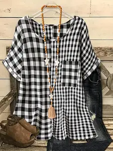 Plus Size Women's Elegant Casual Style Short Sleeve Shirt, Spliced Checkered Design with Round Neck, Trendy Summer Blouse