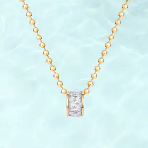 PAVOI Waterproof Pendant Necklace for Women - 14K Gold Plated Dainty Rondelle Pendant with Cubic Zirconia Ball Chain - Stainless Steel Cute Gold Necklace Chain Jewelry