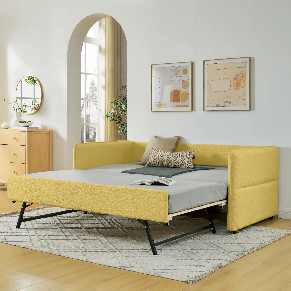 Striped Upholstery Twin Size Boucle Tufted Daybed Sofa with Pop-up Trundle, Office Bed-to-Sofa Conversion, Comfy Couch, Metal Hardware, 500lbs Capacity, 83"x43"x29.5", Assembly Required, for Bedrooms & Various Room Types