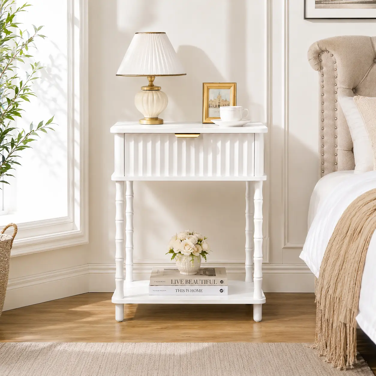Modern French White Wood Nightstand, Elegant Side End Table with Fluted Drawer & Open Storage Shelf, Decorative Spindle Leg Accent Table for Bedroom Living Room Bedside Desk