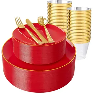 150 count Red Plastic Plates - Red Plates Disposable - 25Guest Christmas Dinnerware Include 25 Dinner Plate, 25 Dessert Plate, 75 Cutlery & 25 9oz Cups for Christmas & Parties