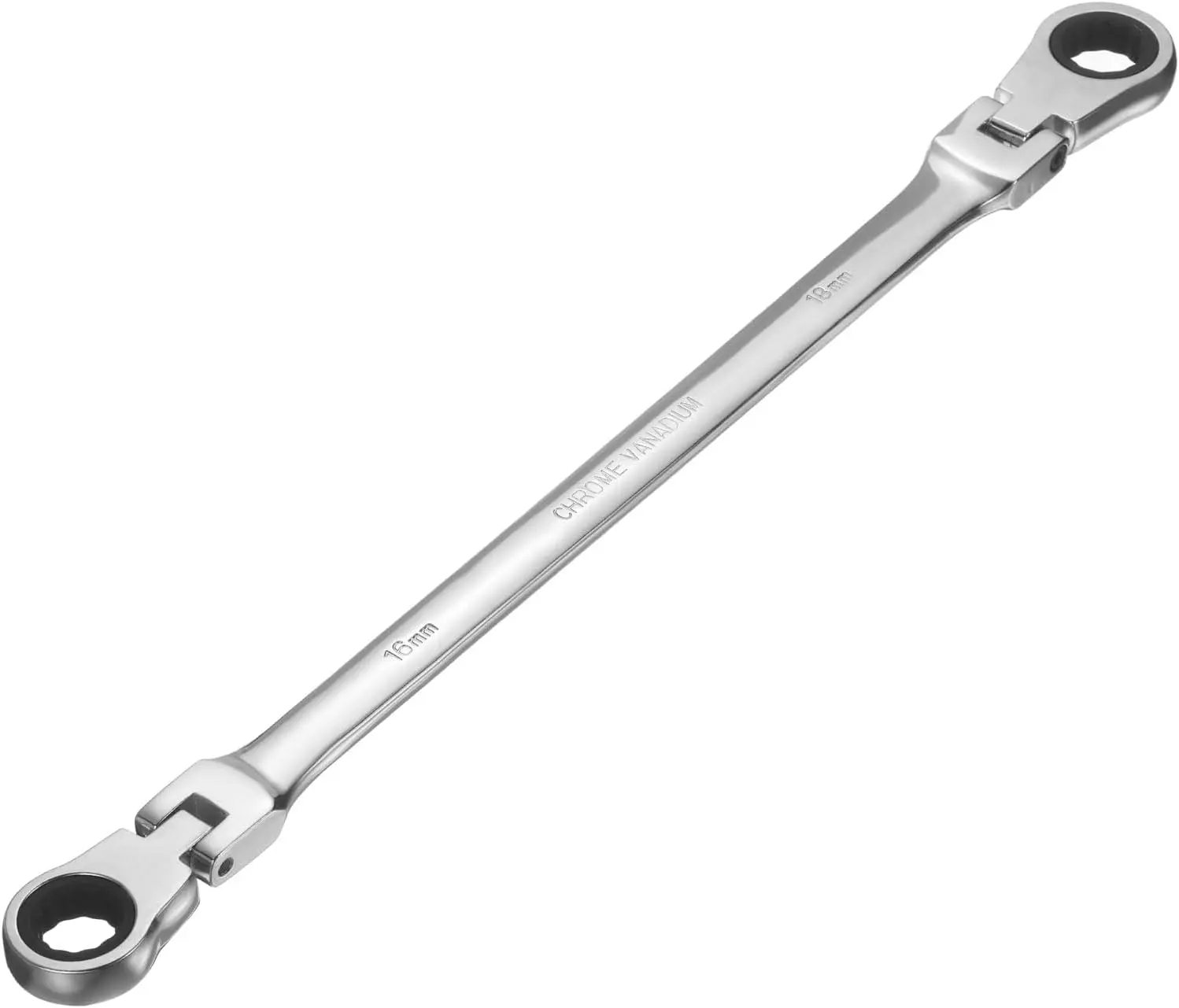 Double Box End Wrench Extra Long Flex Head Metric 16 x 18mm 72-Tooth 12-Point Ratcheting Double Box End Wrench 180 Degree Flex Head CR-V Steel for Garage Repair DIY, Silver