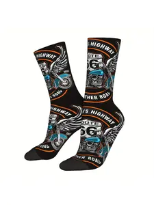 BIIHUDU Route 66 Highway Other Road Motorcycle Sports Fit Socks - Full-Body Printed Polyester Socks with Skull & Wings Design, Breathable