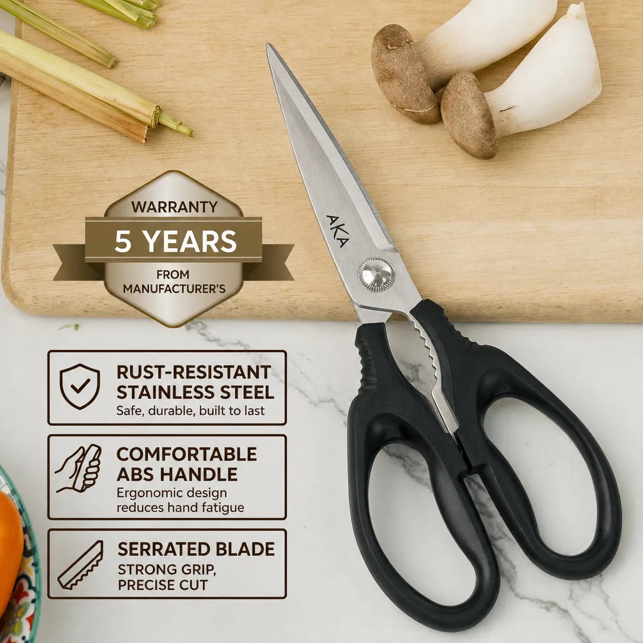 [5-YEAR WARRANTY] AKA AKS-008 Kitchen Shears for Cutting Meat, Fish & Vegetables, 22.8cm Stainless Steel Blades