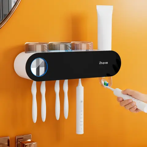 iHave UV Light Toothbrush Sanitizer & Holder - 6 Slots for Brushes, 3 Stylish Cups, Rechargeable Battery, Automatic Toothpaste Dispenser, Wall-Mount, Breathing Light, Bathroom Organizer, Home Essential