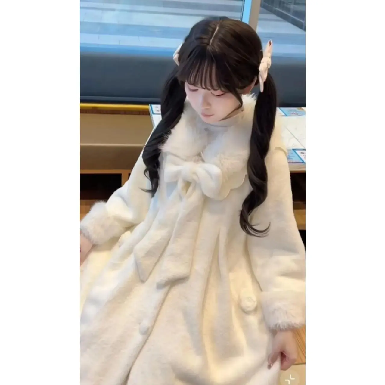 Japanese Lolita Sweet Girl Blends Jackets Women Y2k Aesthetic Fur Patchwork Vintage Coats Harajuku Kawaii Pocket Bow Jacket Cute