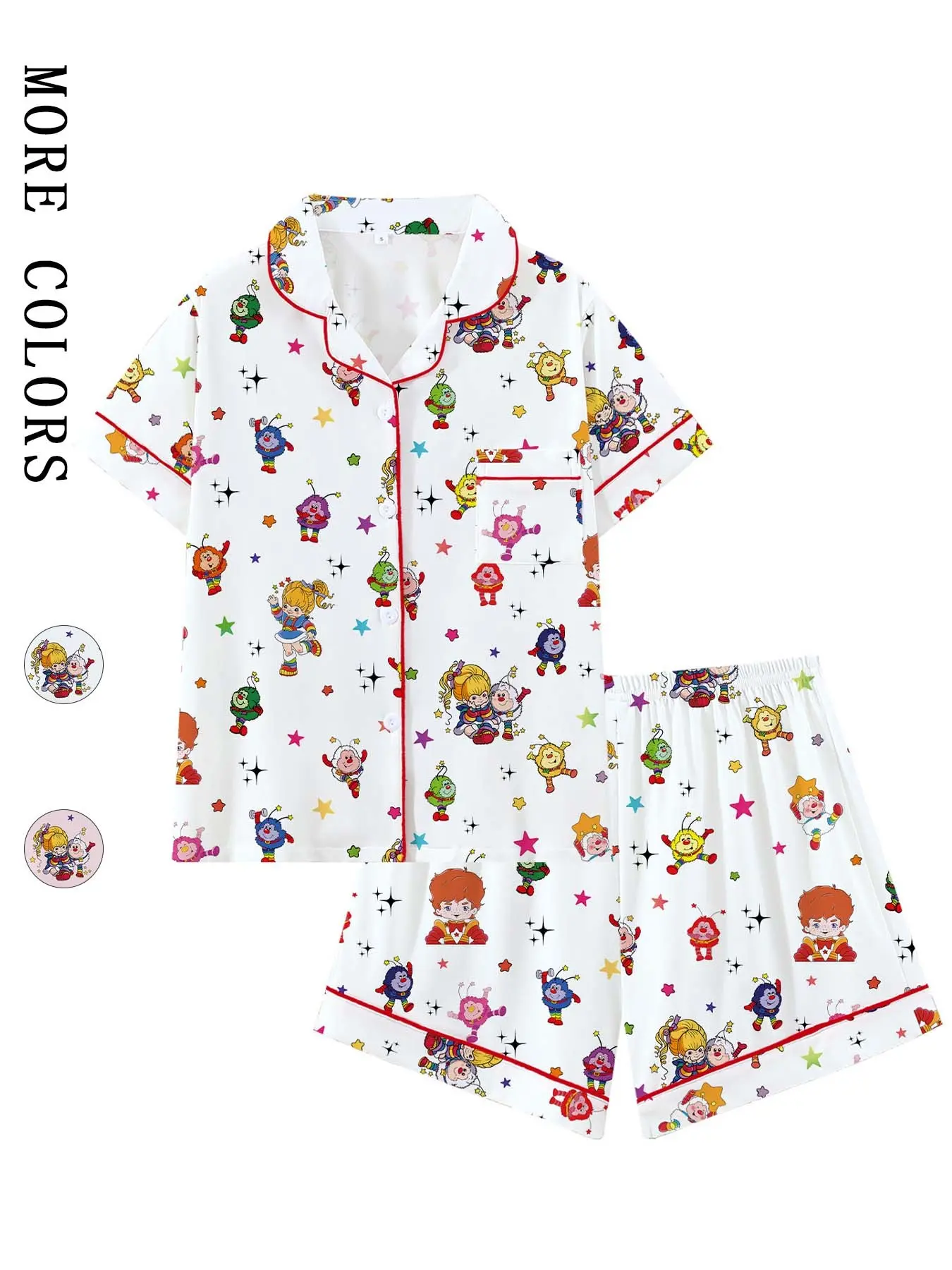 Rainbow Girl Cartoon Retro Cute Collared Short Sleeve Pajama Set, Comfortable Sleepwear for Home and Outdoors, Summer Pjs, Perfect Gift