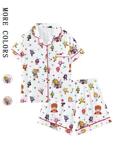 Rainbow Girl Cartoon Retro Cute Collared Short Sleeve Pajama Set, Comfortable Sleepwear for Home and Outdoors, Perfect Gift