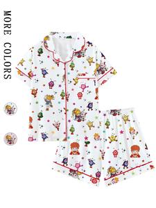 Rainbow Girl Cartoon Retro Cute Collared Short Sleeve Pajama Set, Comfortable Sleepwear for Home and Outdoors, Perfect Gift