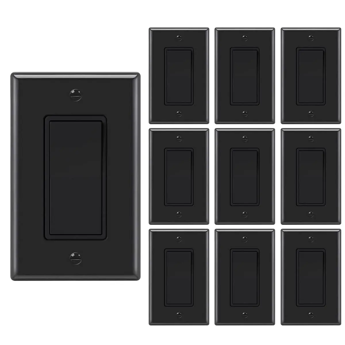 Micmi Single Pole Decorator Wall Light Switch, Paddle Rocker Interrupter Residential Grade 3 Wires Grounding 15A 120/277V UL Listed (10 Pack, Glossy Black)