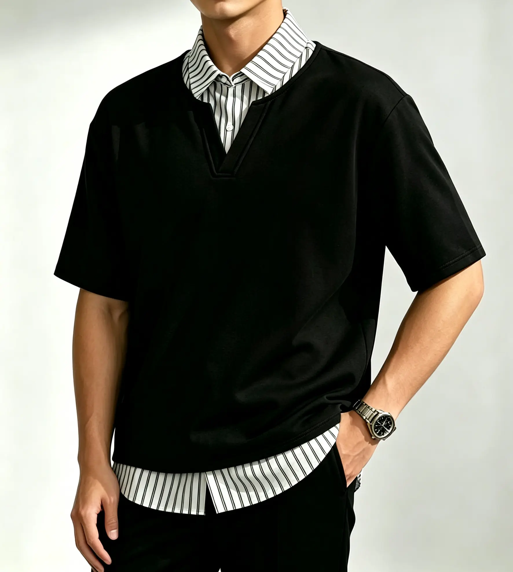 Men’s Faux 2-Piece Spliced Turn-Down Collar Short-Sleeve T-Shirt - Minimalist Layered Business-Casual Top for Work, Travel - Suitable for Spring, Summer, Autumn