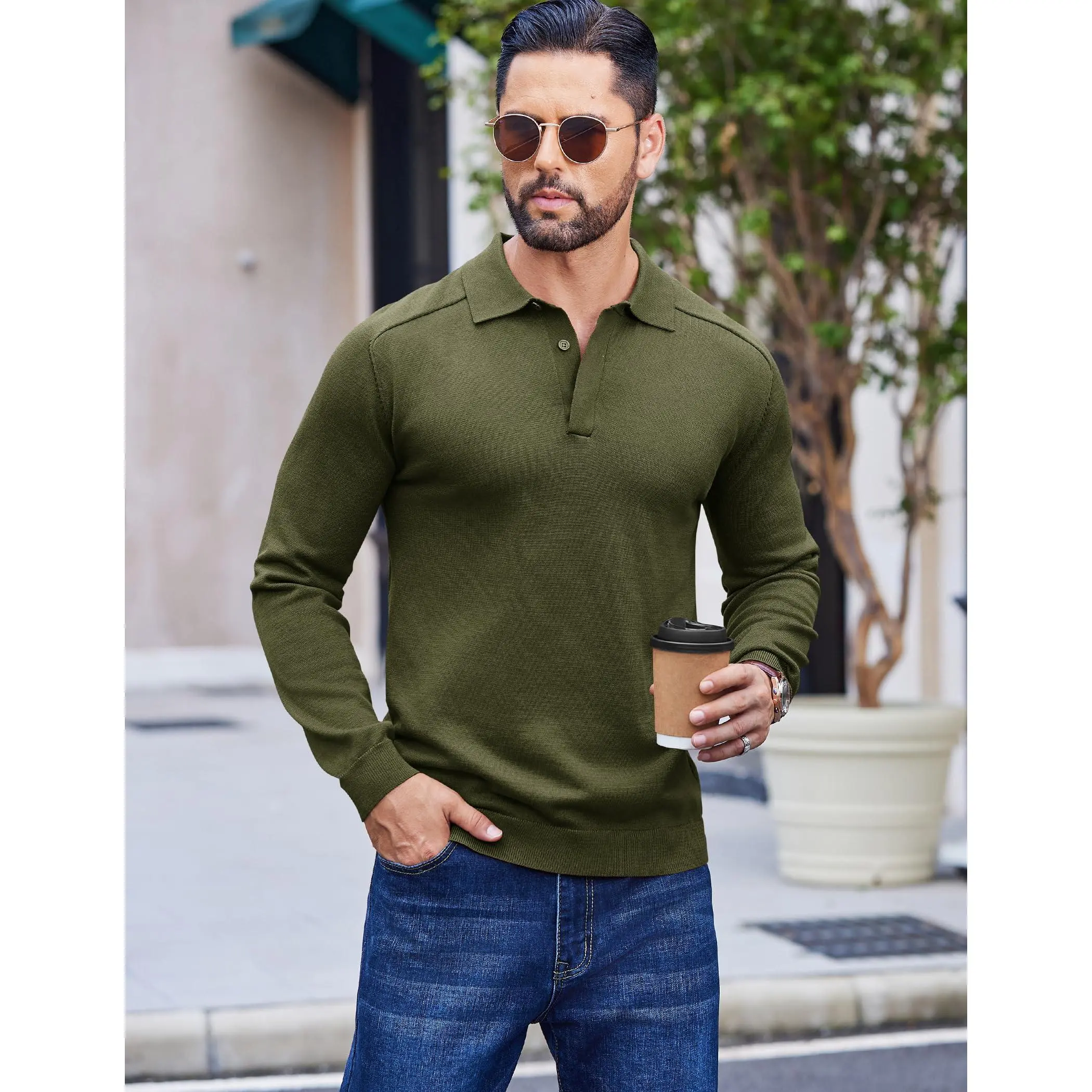 COOFANDY Mens Knit Polo Sweater Long Sleeve Collared Polo Hidden Button Casual Pullover Sweaters