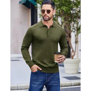 COOFANDY Mens Knit Polo Sweater Long Sleeve Collared Polo Hidden Button Casual Pullover Sweaters