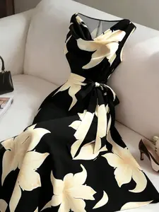 Plus Size Women's Floral V-Neck Belted A-Line Dress, Satin Texture, High Waist, Party Wedding Evening Wear, Elegant and Slimming, Chic