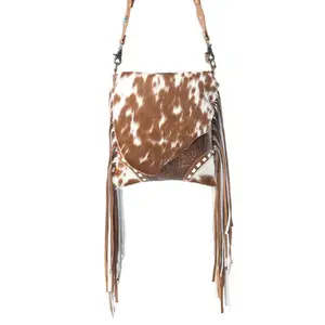 Myra Concealed Carry Bag in Prairie Fawn - Genuine Leather Cowhide with Fringe & Embossing - Secure CCW Compartment - Western Style Purse
