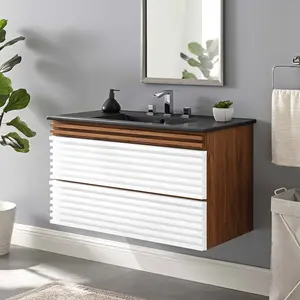 Modway Render 36" Wall-Mount Bathroom Vanity in White Walnut Black