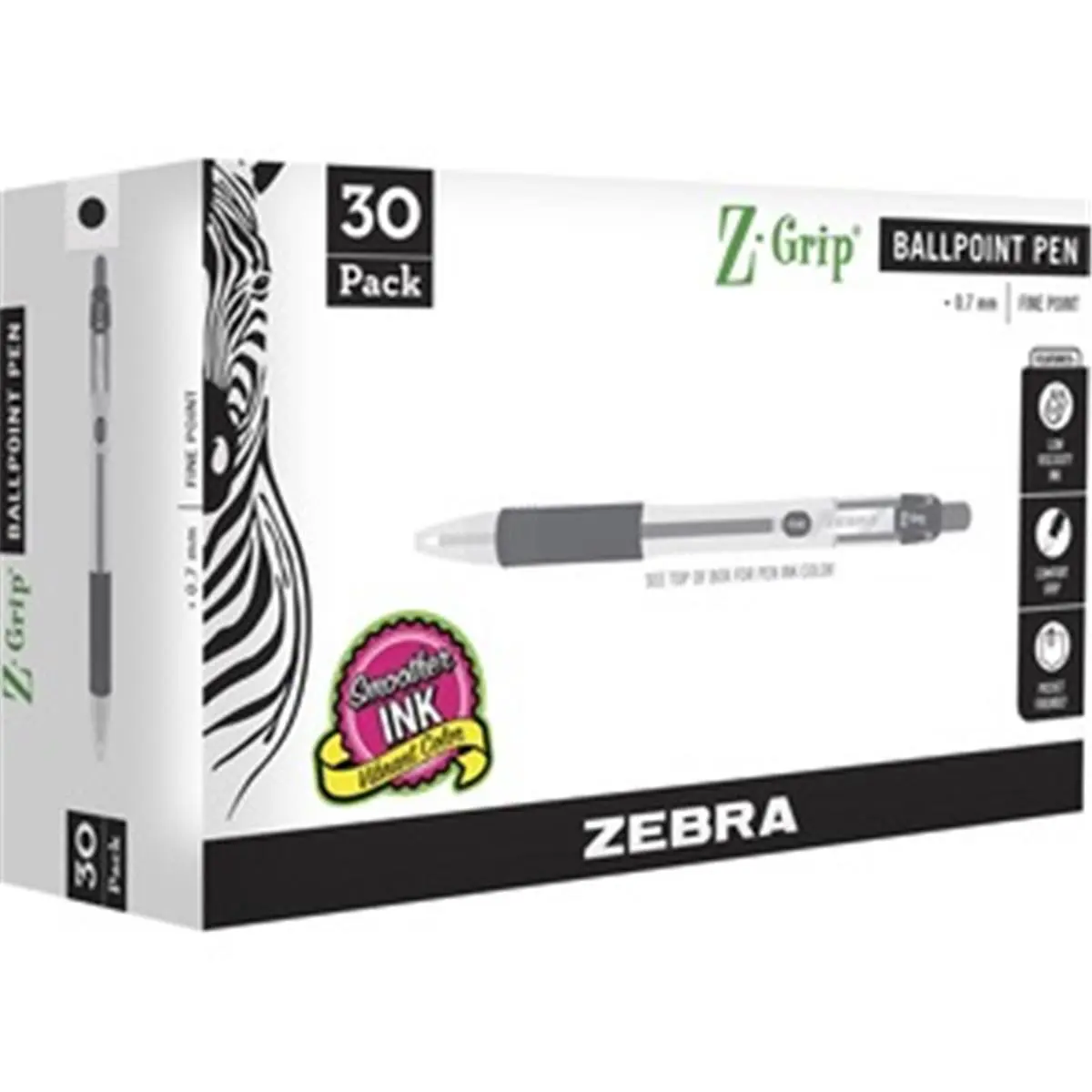Zebra ZEB25130 Z-Grip Retractable Metal Ballpoint Pen (Pack of 30) - 0.7mm Low-Viscosity Ink, Smooth Write, Latex-Free Rubber Grip, Sturdy Metal Pocket Clip, Minimizes Hand Fatigue, Black, 0.7mm Pens, Extended Writing Periods
