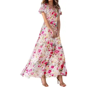 Women's floral print chiffon dress - blue, size S, midi length, spring/summer