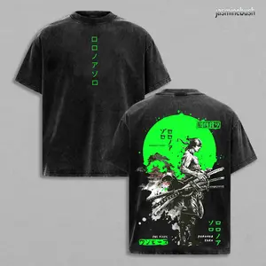 Roronoa Zoro Tshirt - Vintage Oversized Double Sided Anime Graphic T-Shirt, One Piece Collab, Acid Wash Lightweight Streetwear Menswear, Anime & Manga Lovers, Retro Casual Wear for Fans