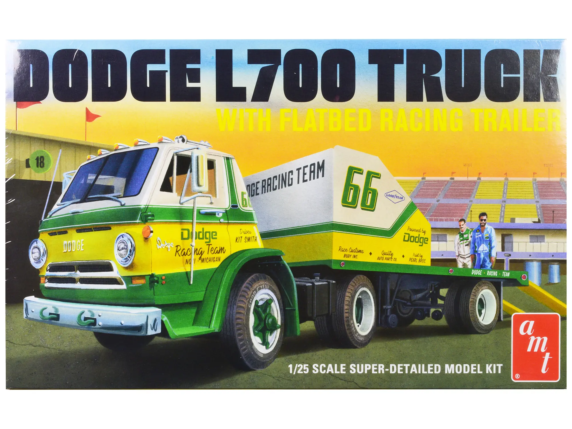 Skill 3 Model Kit 1966 Dodge L700 Truck w/ Flatbed Racing Trailer 1/25 Scale Model by AMT