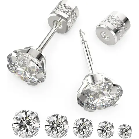5 Pairs Push-in Flat Back Stud Earrings Hypoallergenic Surgical Stainless Steel Cubic Zirconia Earrings Studs Set Multi-Pack, CZ Stud Earrings for Women Men Trendy Cartilage Stud Earrings 2-8mm Jewellery Piercing