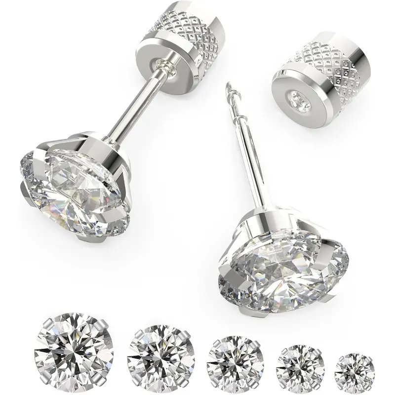 5 Pairs Push-in Flat Back Stud Earrings Hypoallergenic Surgical Stainless Steel Cubic Zirconia Earrings Studs Set Multi-Pack, CZ Stud Earrings for Women Men Trendy Cartilage Stud Earrings 2-8mm Jewellery Piercing